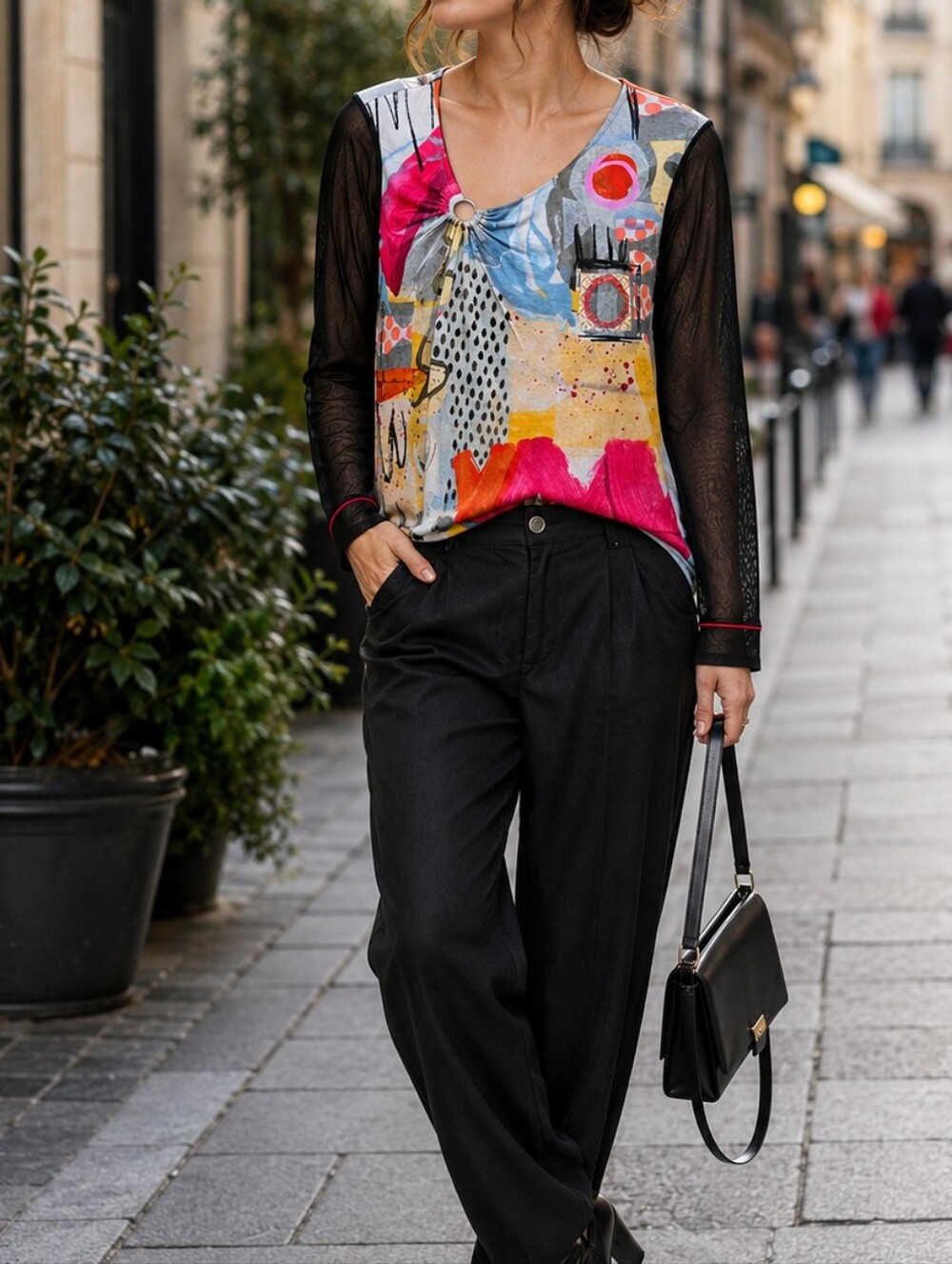 NWT Dolcezza Artsy Graphic Print Mesh Sleeve Top Multicolor Abstract Art Tunic